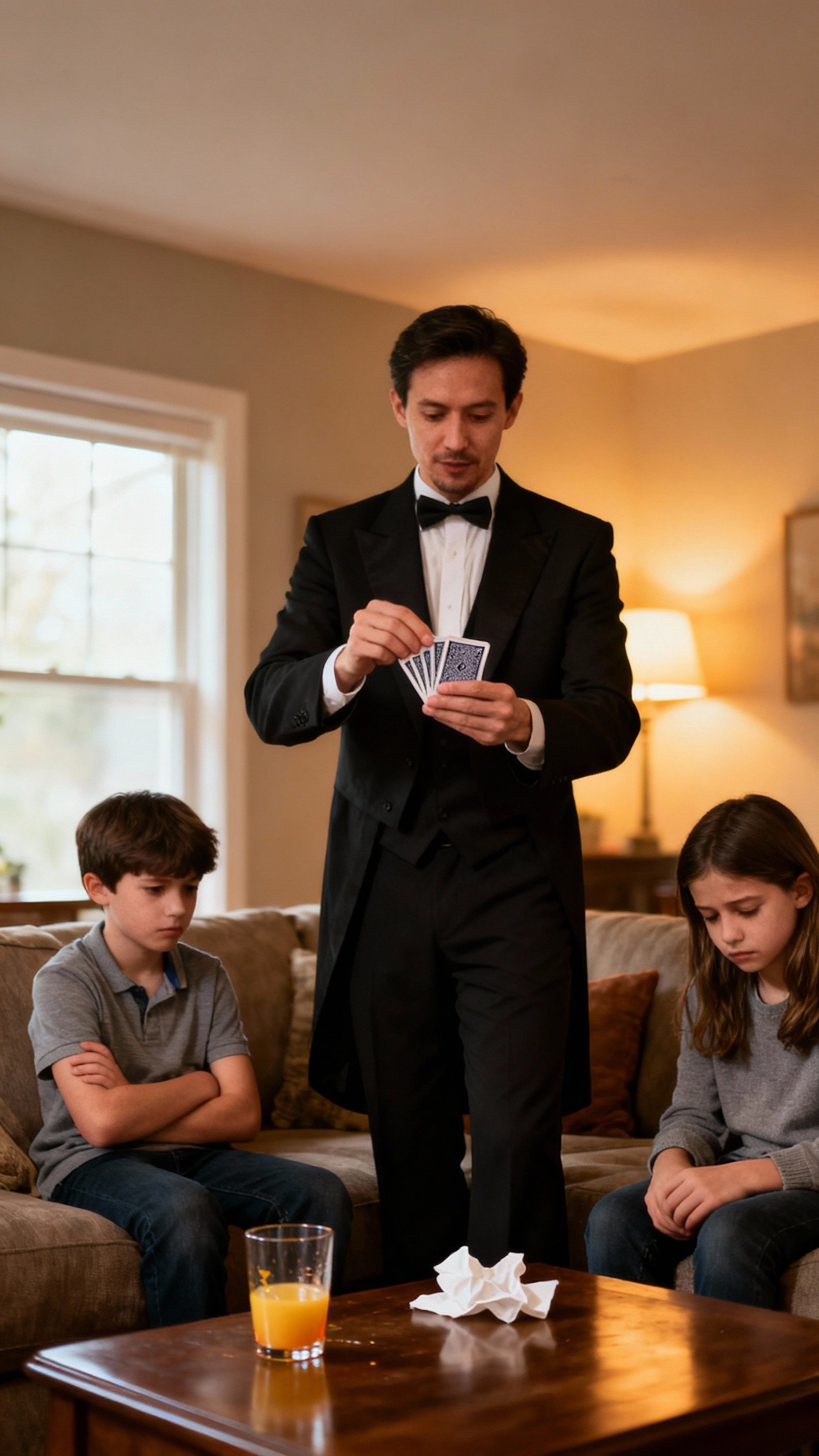 Taikuri tekee korttitemppuja pienille lapsille